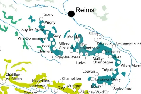 Mappa della valle della Marna, Champagne, con i villaggi vitivinicoli come Reims, Verzenay e Bouzy.