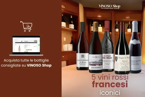 Cinque iconici migliori vini rossi francesi in esposizione, con un invito all'acquisto su VINOSO Shop.