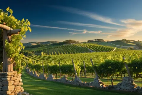 Vigneti lussureggianti sotto un cielo azzurro, con un sole dorato che illumina i filari. Il **saten significato** è qui, nella bellezza della natura e nella promessa di un buon vino.