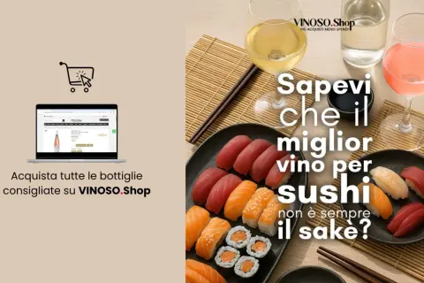 A plate of sushi and two glasses of wine are shown, with text overlay asking if sake is always the best wine for sushi.