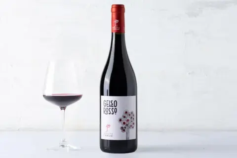 A bottle of red wine and a glass of red wine on a white surface.