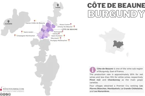 Mappa della Côte de Beaune, regione vinicola della Borgogna, con i villaggi principali evidenziati.