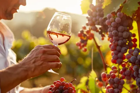 Uomo in vigneto al tramonto, con un bicchiere di vino rosato che riflette i grappoli d'uva. Un assaggio di Chianti Classico.
