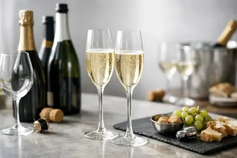 Due calici pieni di vino frizzante, bottiglie di spumante e stuzzichini, pronti per un brindisi.