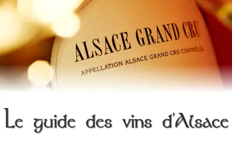 Etichetta di "Alsace Grand Cru" su una bottiglia, con testo "Le guide des vins d'Alsace" in basso.