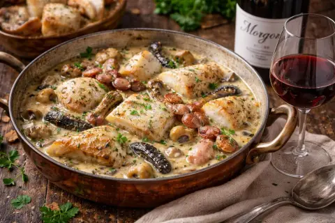 Piatto di pesce in salsa cremosa con funghi e salsiccia, accompagnato da un bicchiere di beaujolais vino.