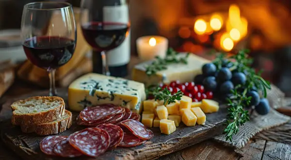 Tagliere con salumi, formaggi, uva e pane, accompagnato da due calici di vino rosso. Perfetto abbinamento barolo per una serata speciale.