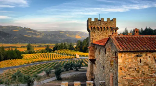 Castello in pietra con vigneti dorati sullo sfondo, un paesaggio da sogno per un famoso vino californiano.