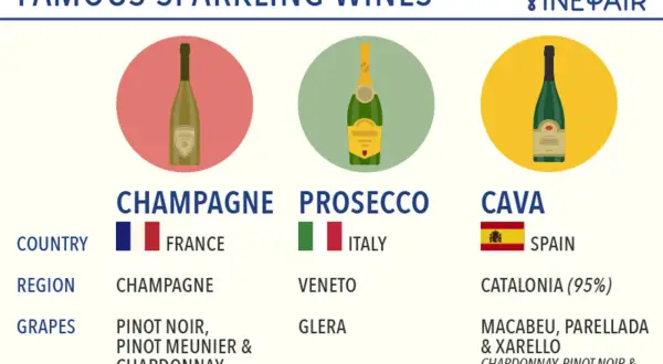 Confronto tra Champagne, Prosecco e Cava: differenze in origine, uve e metodi di produzione.
