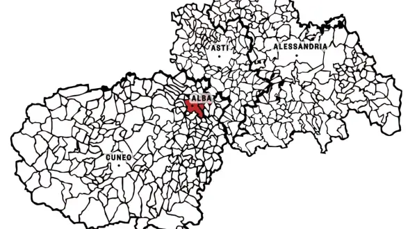 Mappa del Piemonte con evidenziata l'area di Alba, cuore del vitigno barbaresco.