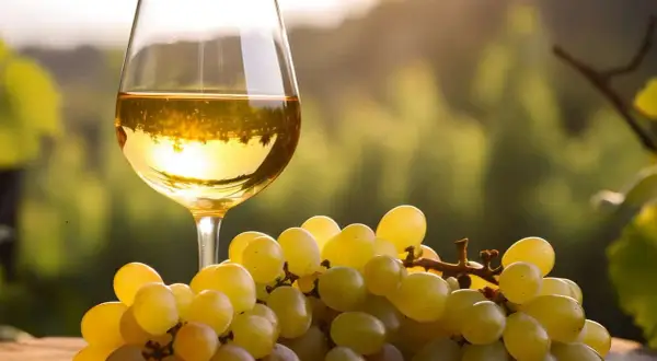 Calice di vino bianco dorato accanto a grappoli d'uva succosa, un'ode al miglior Lugana.