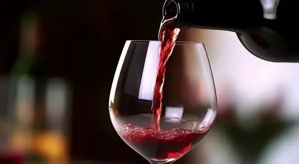 Versando un bicchiere di Carmignano vino rosso, con riflessi luminosi e una bottiglia scura sullo sfondo.