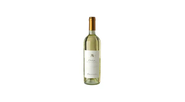 Bottiglia di vino bianco S'Elegas Argiolas, un nasco di Cagliari, con etichetta bianca e dettagli dorati.