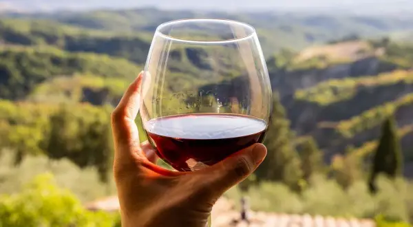 Un bicchiere di vino rosso, un Morellino di Scansano, tenuto in mano con un paesaggio collinare toscano sullo sfondo.