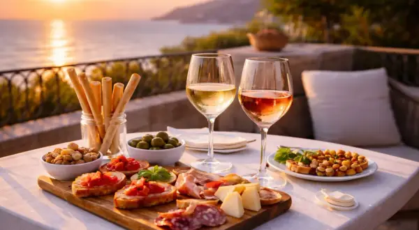 Un tavolo con stuzzichini, formaggi, salumi, olive e grissini, accompagnati da due calici di vini da aperitivo, con il tramonto sul mare sullo sfondo.