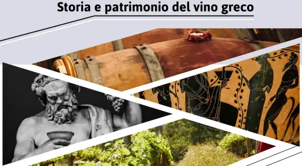 Statua di Dioniso, anfora greca, botti di vino e vigneti evocano la storia del vino limnio.