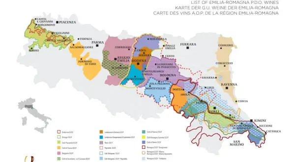 Mappa dei vini D.O.P. dell'Emilia-Romagna, un viaggio tra i sapori del vino emiliano, con aree dedicate a Lambrusco, Sangiovese e altri vitigni.