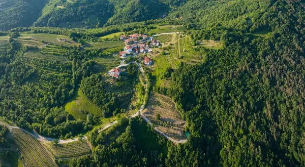 Un borgo pittoresco nel **Collio Goriziano**, immerso tra vigneti terrazzati e boschi lussureggianti, con case dai tetti rossi che si aggrappano alle dolci colline.