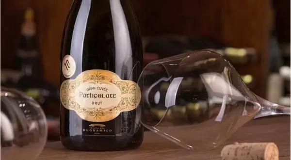 Bottiglia di spumante Gran Cuvée Particolare Brut, con calice rovesciato e tappo di sughero. Il "brut" indica la secchezza del vino.