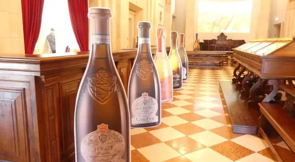 Sagome di bottiglie di vini lombardi famosi, tra cui Ca' del Frati, in un ambiente con pavimenti a scacchi e arredi in legno.