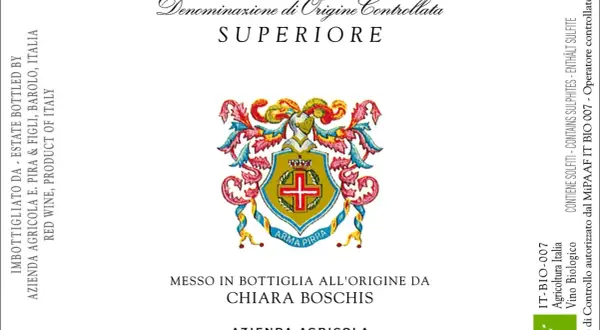 Wine label for Barbera d'Alba Superiore with a coat of arms and text.