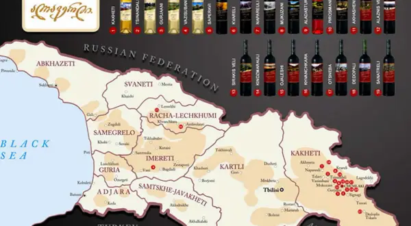 Map of Georgia with wine regions and bottles of Georgian wine.
