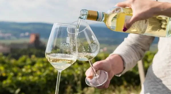 Versando soave wine in due calici con sfondo di vigneti e castello.