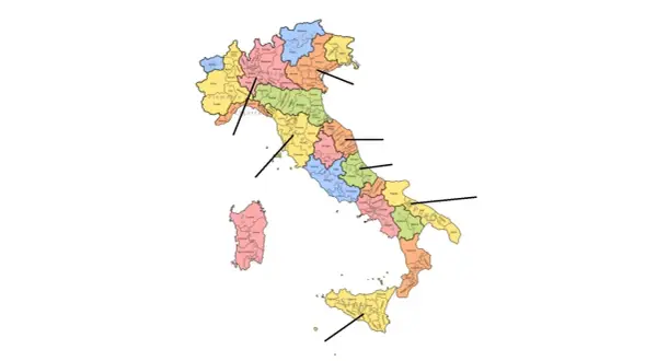 Mappa dell'Italia con regioni colorate, che evidenzia le diverse zone vinicole italiane.