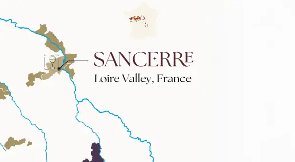 Mappa dei vini della Loira, con Sancerre evidenziata. Un calice di vino bianco simboleggia la regione.