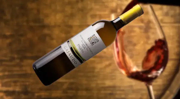 Bottiglia di Pigato Ligure Gajaudo, con un bicchiere di vino rosso in movimento sullo sfondo.