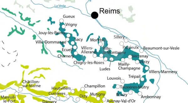 Mappa della valle della Marna, Champagne, con i villaggi vitivinicoli come Reims, Verzenay e Bouzy.