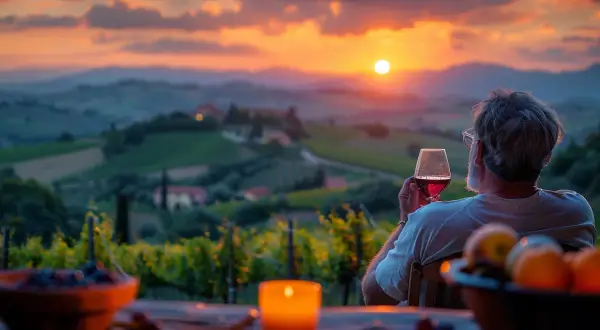 Uomo con bicchiere di vino rosso, ammira il tramonto su vigneti toscani, assaporando le migliori annate vino rosso Italia.