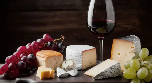 Un bicchiere di vino rosso accompagna un assortimento di formaggi e grappoli d'uva su un tagliere scuro.