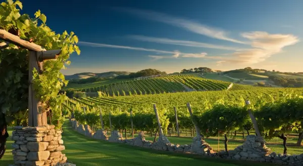 Vigneti lussureggianti sotto un cielo azzurro, con un sole dorato che illumina i filari. Il **saten significato** è qui, nella bellezza della natura e nella promessa di un buon vino.