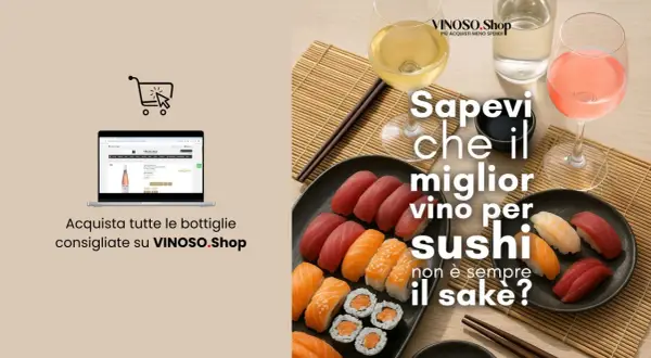 A plate of sushi and two glasses of wine are shown, with text overlay asking if sake is always the best wine for sushi.