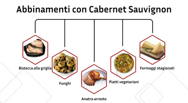 Abbinamenti con Cabernet Sauvignon: bistecca alla griglia, funghi, anatra arrosto, piatti vegetariani e formaggi stagionati.
