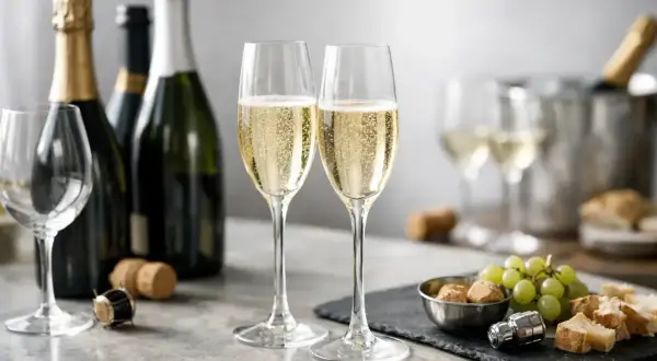Due calici pieni di vino frizzante, bottiglie di spumante e stuzzichini, pronti per un brindisi.