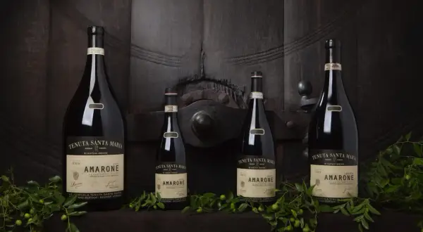 Bottiglie di vino Amarone della Valpolicella, con etichette che indicano la provenienza da Negrar, Verona.