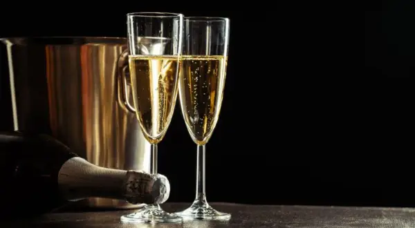 Due calici di champagne scintillante, una bottiglia e un secchiello per il ghiaccio. Un'uva per lo champagne, pronta per essere gustata.