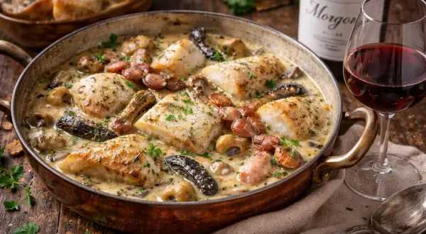 Piatto di pesce in salsa cremosa con funghi e salsiccia, accompagnato da un bicchiere di beaujolais vino.