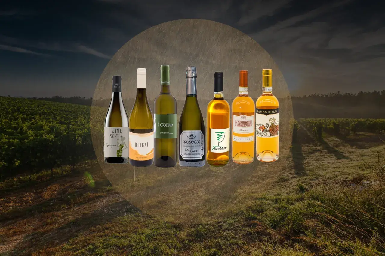 Selezione di pregiati vini bianchi del Friuli, tra cui Sauvignon, Chardonnay e Prosecco, immersi in un paesaggio di vigneti al tramonto.