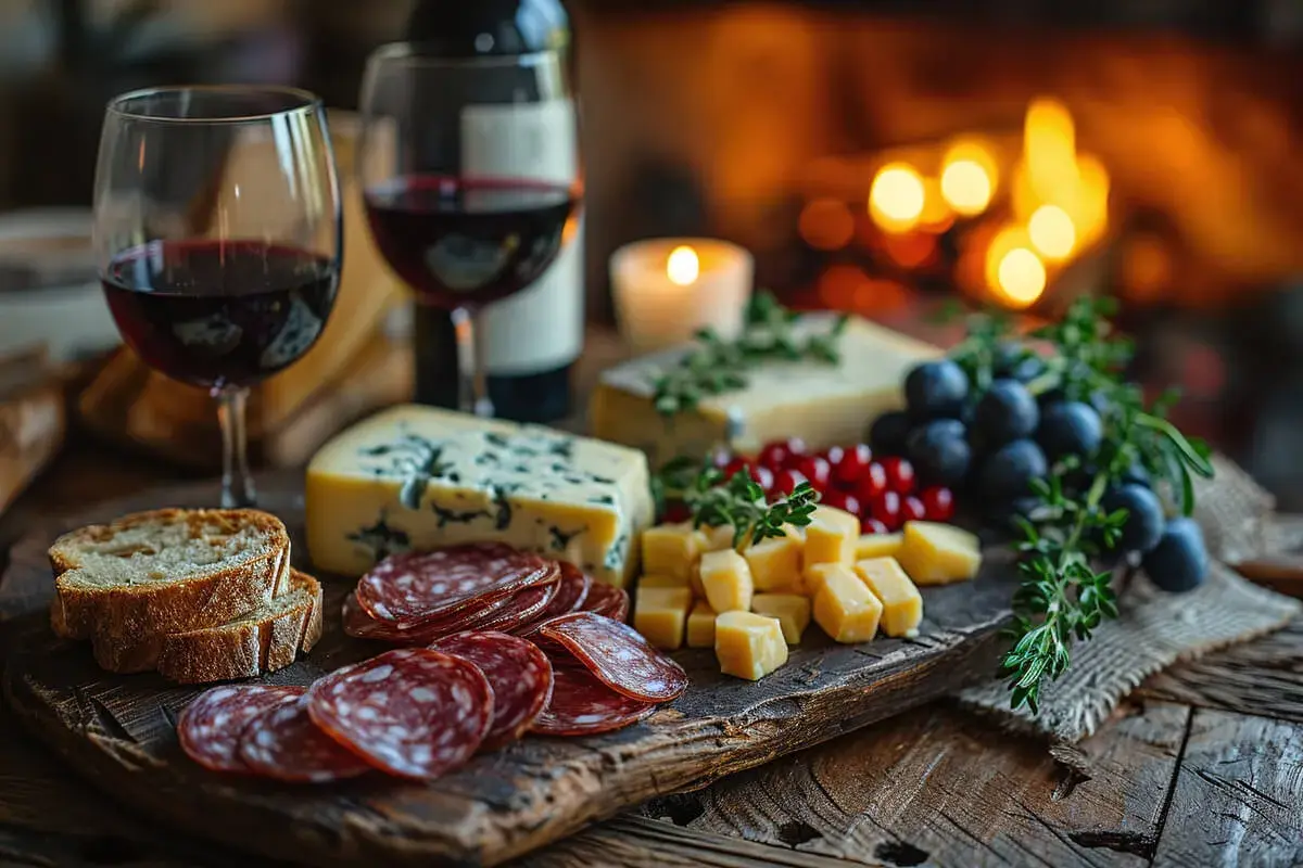 Tagliere con salumi, formaggi, uva e pane, accompagnato da due calici di vino rosso. Perfetto abbinamento barolo per una serata speciale.