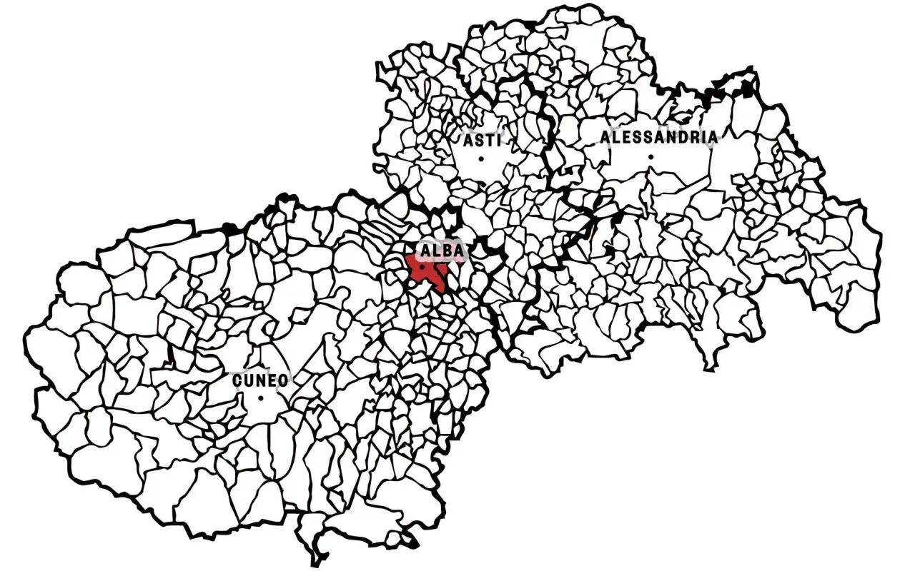 Mappa del Piemonte con evidenziata l'area di Alba, cuore del vitigno barbaresco.
