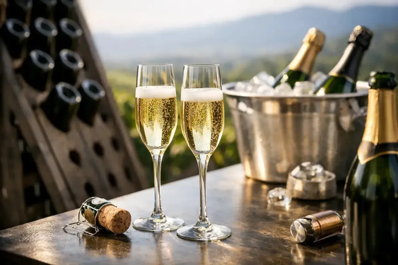 Due calici di spumante, simbolo del metodo classico, brillano al sole. Bottiglie in un secchiello di ghiaccio e un tappo su un tavolo di pietra completano la scena.