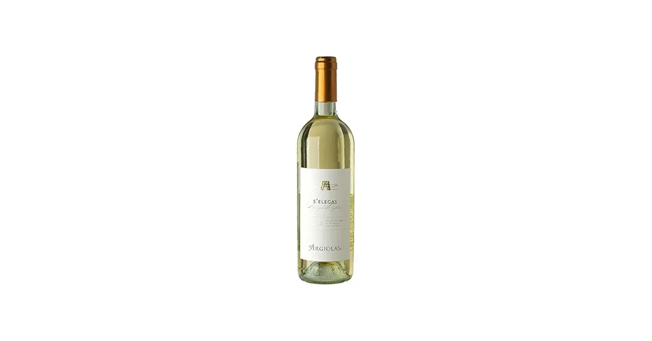 Bottiglia di vino bianco S'Elegas Argiolas, un nasco di Cagliari, con etichetta bianca e dettagli dorati.