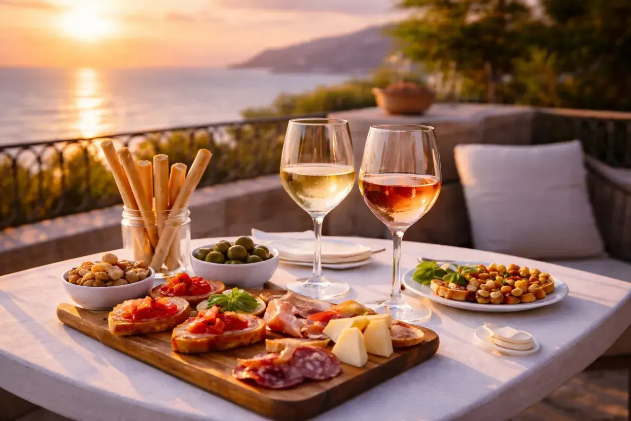 Un tavolo con stuzzichini, formaggi, salumi, olive e grissini, accompagnati da due calici di vini da aperitivo, con il tramonto sul mare sullo sfondo.