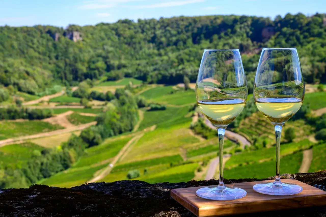 Due calici di vino bianco brillano con il paesaggio viticolo del Jura sullo sfondo.