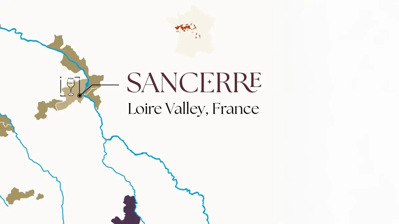 Mappa dei vini della Loira, con Sancerre evidenziata. Un calice di vino bianco simboleggia la regione.