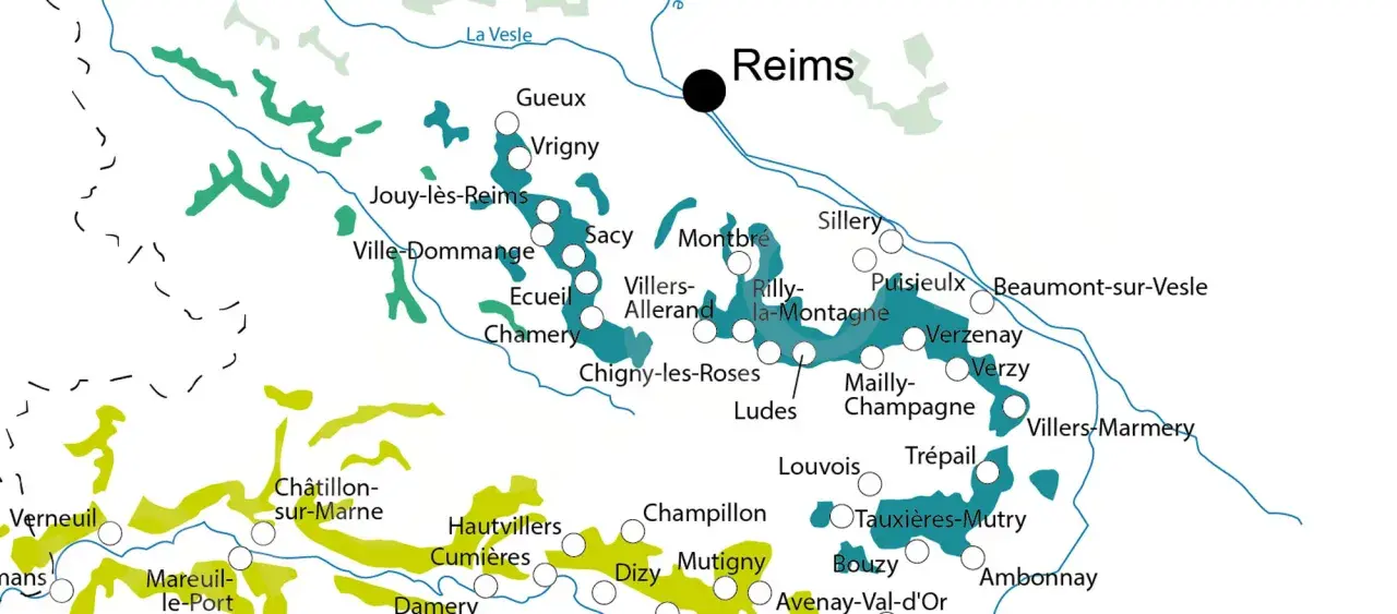 Mappa della valle della Marna, Champagne, con i villaggi vitivinicoli come Reims, Verzenay e Bouzy.
