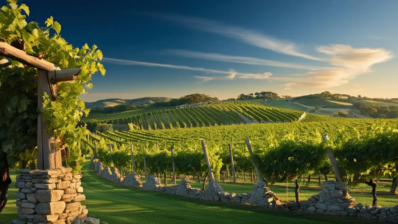 Vigneti lussureggianti sotto un cielo azzurro, con un sole dorato che illumina i filari. Il **saten significato** è qui, nella bellezza della natura e nella promessa di un buon vino.